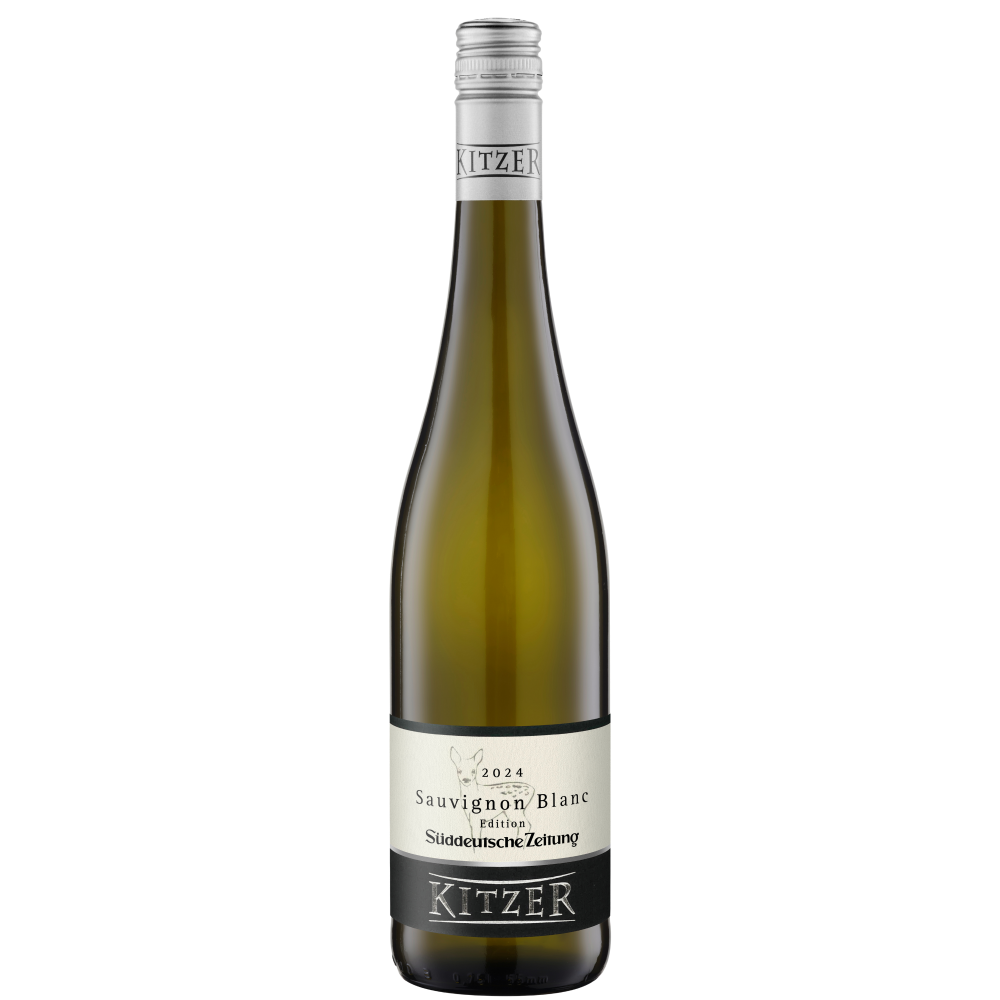 Eine Flasche Kitzer Sauvignon Blanc 2024 mit silbernem Schraubverschluss und einem weißen Etikett mit Angaben zur Marke und zum Wein.
