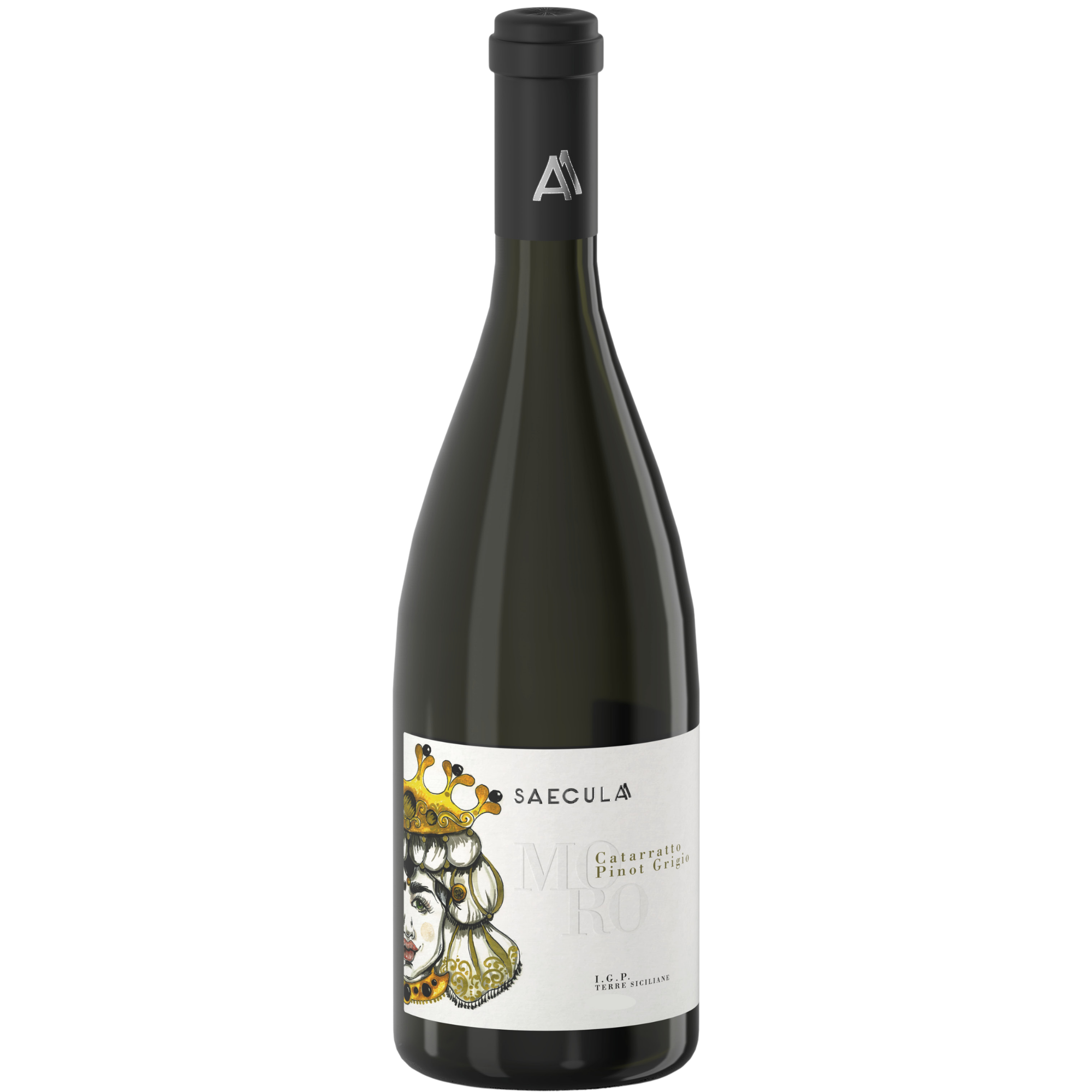 Eine Weinflasche aus dunklem Glas mit der Aufschrift Saecula Gattarella Pinot Grigio und der Abbildung einer gekrönten Frau auf dem Vorderetikett.