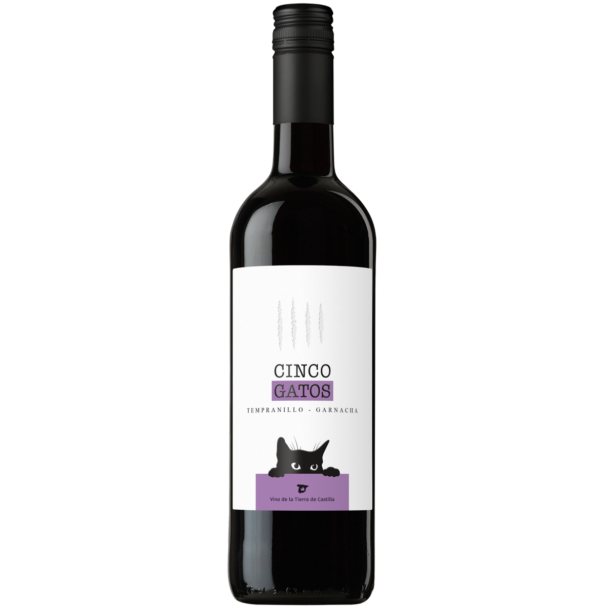 Eine Flasche „Cinco Gatos“-Rotwein mit weißem Etikett, schwarzem Schraubverschluss und einer Abbildung einer schwarzen Katze, die am unteren Rand des Etiketts über einen violetten Balken späht.
