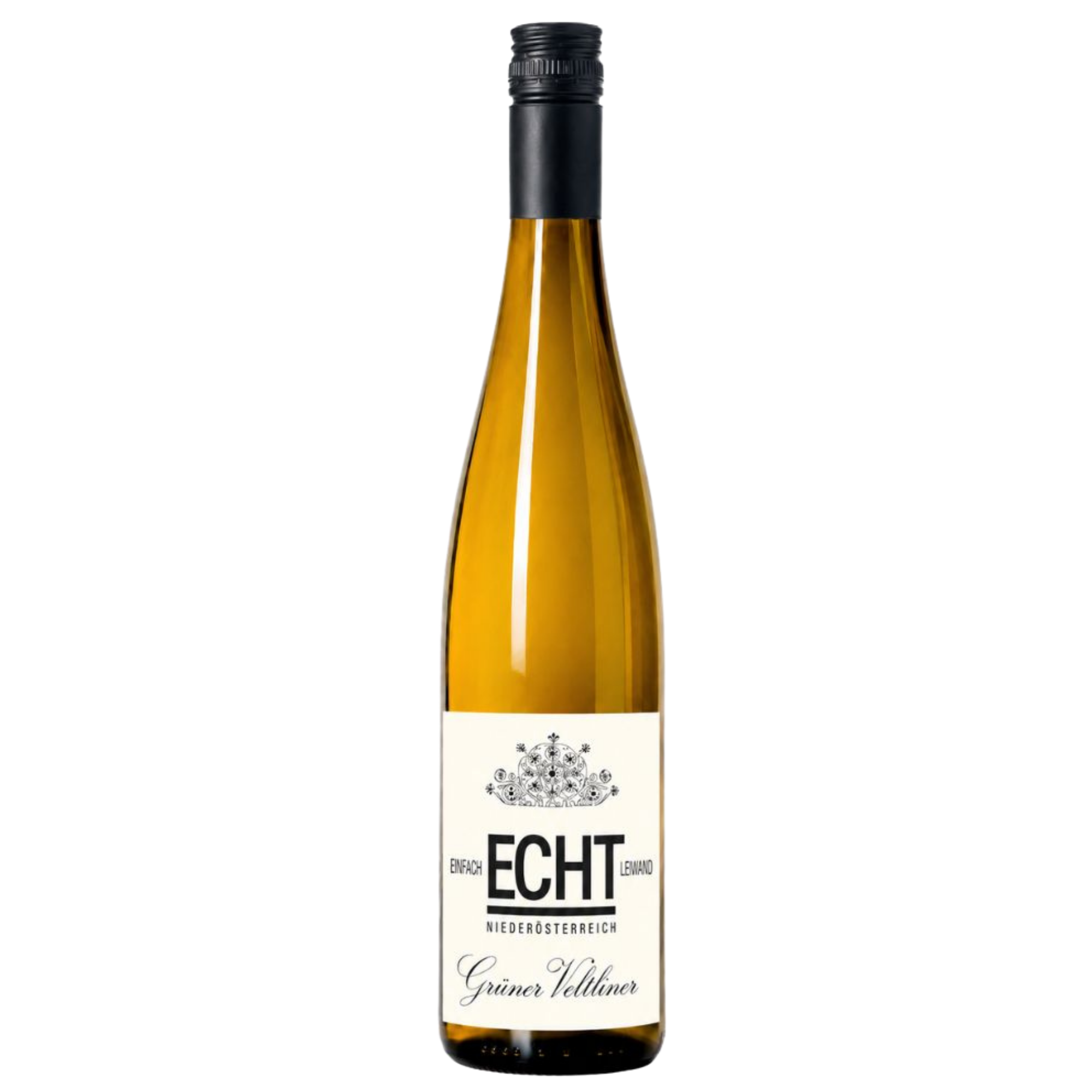 Eine hohe, durchsichtige Glasflasche mit dem Weißwein „ECHT Grüner Veltliner“, mit weißem Etikett und schwarzem Schraubverschluss, vor einem schlichten weißen Hintergrund.
