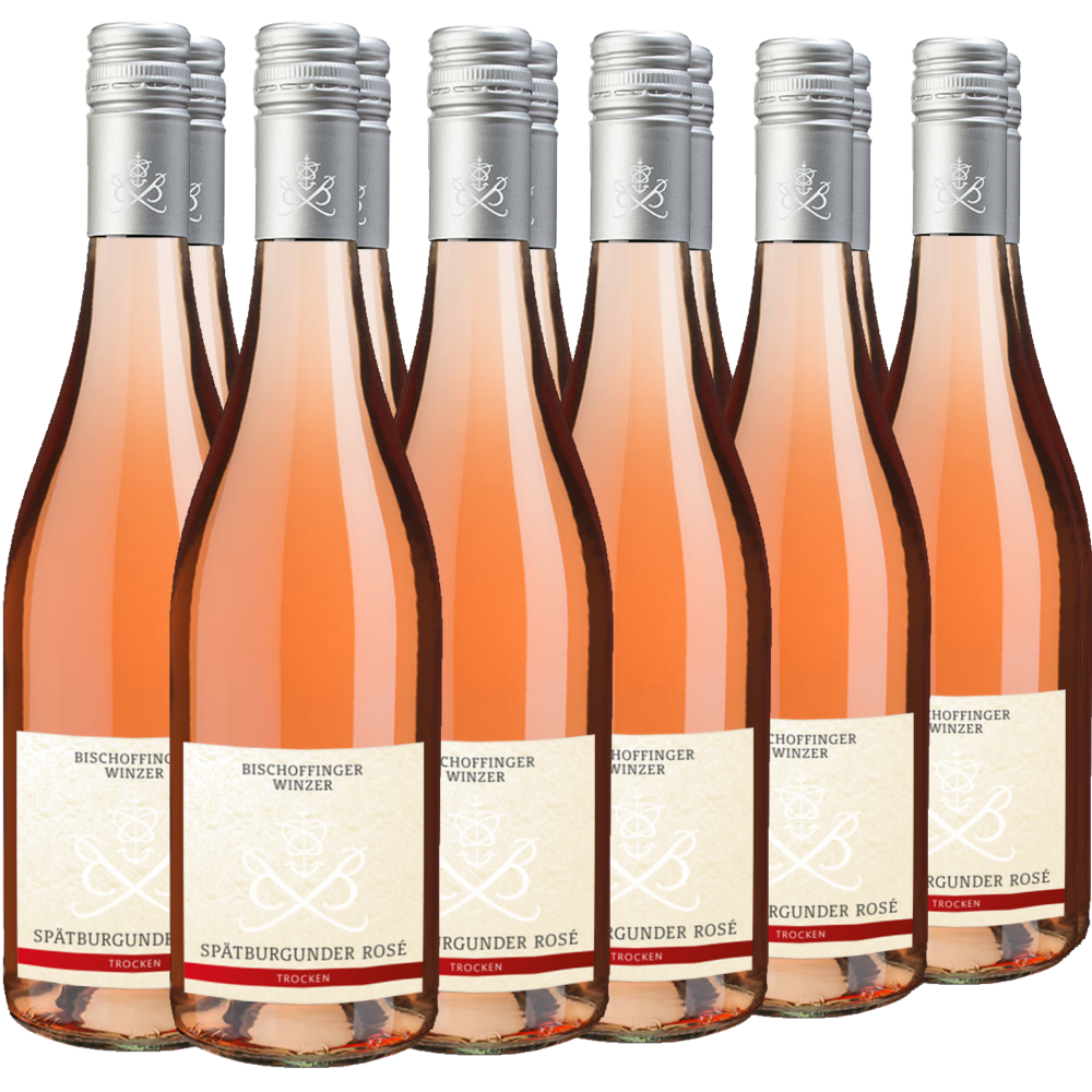 Zwölf Flaschen Spätburgunder Roséwein mit silbernen Schraubverschlüssen sind in zwei Reihen auf einem schlichten Hintergrund angeordnet.