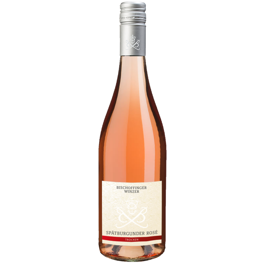 Eine Flasche Bischoffinger Winzer Spätburgunder Rosé mit einem silbernen Verschluss und einem weißen Etikett auf hellem Grund.
