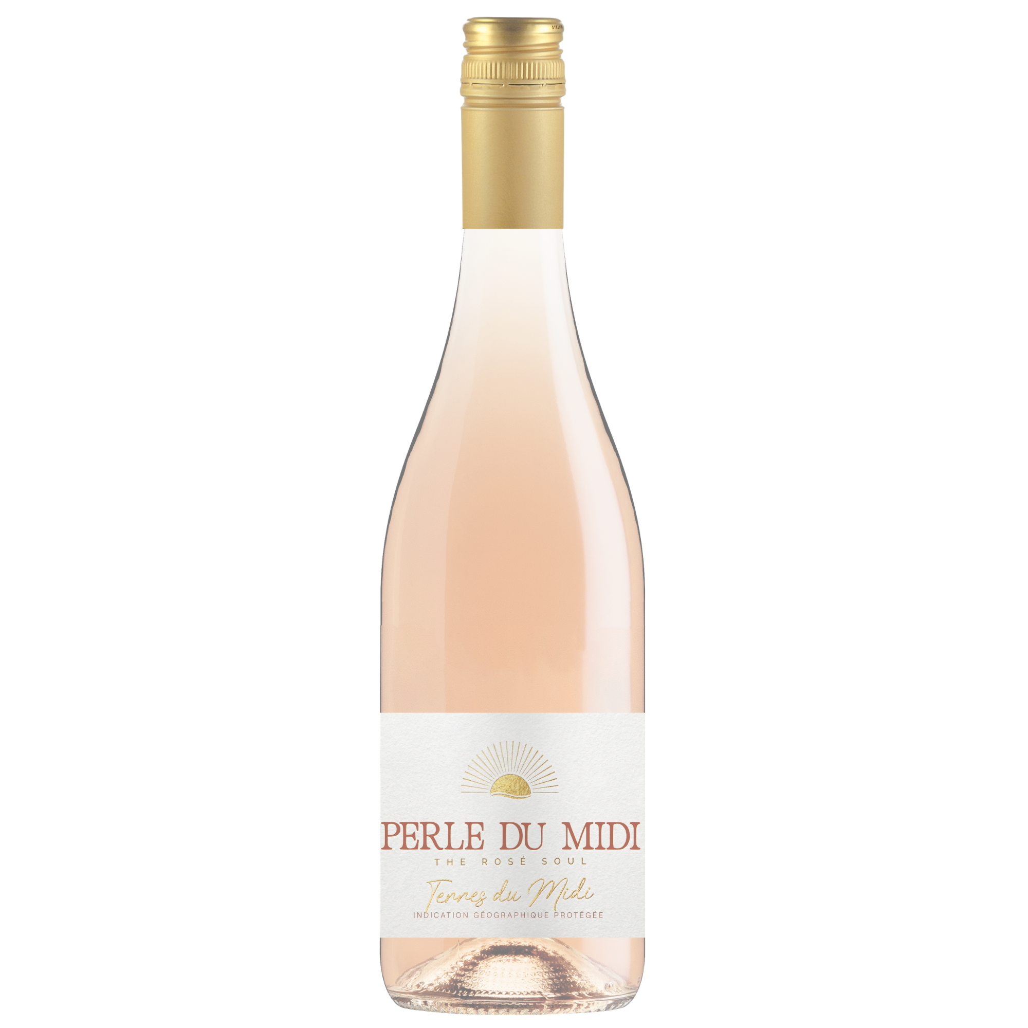 Roséwein Perle du Midi in einer Klarglasflasche mit goldenem Verschluss und weißem Etikett mit goldener und rosa Schrift.