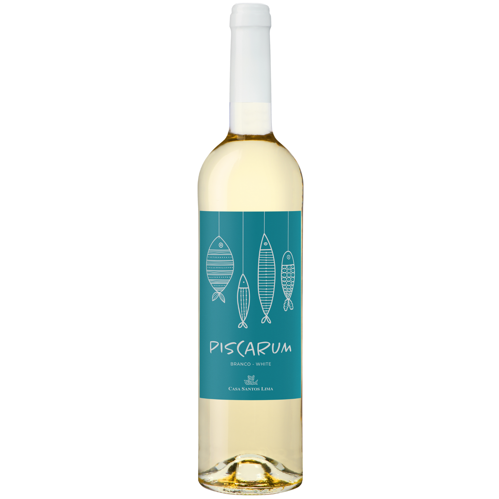 Eine Flasche Weißwein mit einem blaugrünen Etikett mit einfachen Fischdarstellungen und dem Text PISCARUM und BRANCO - WHITE.