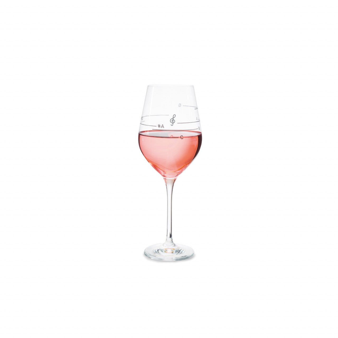Das Weinglas mit musikalischen Tönen ist teilweise mit Roséwein gefüllt und auf weißem Hintergrund dargestellt.