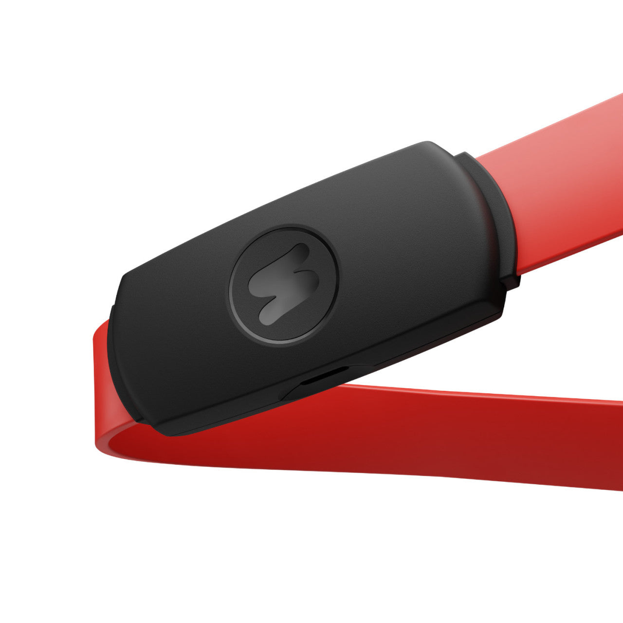 Eine Nahaufnahme des schwarz-roten Smartes Fitnessband STRAFFR mit App – stark, mit seinem Logo auf dem schwarzen Modul.