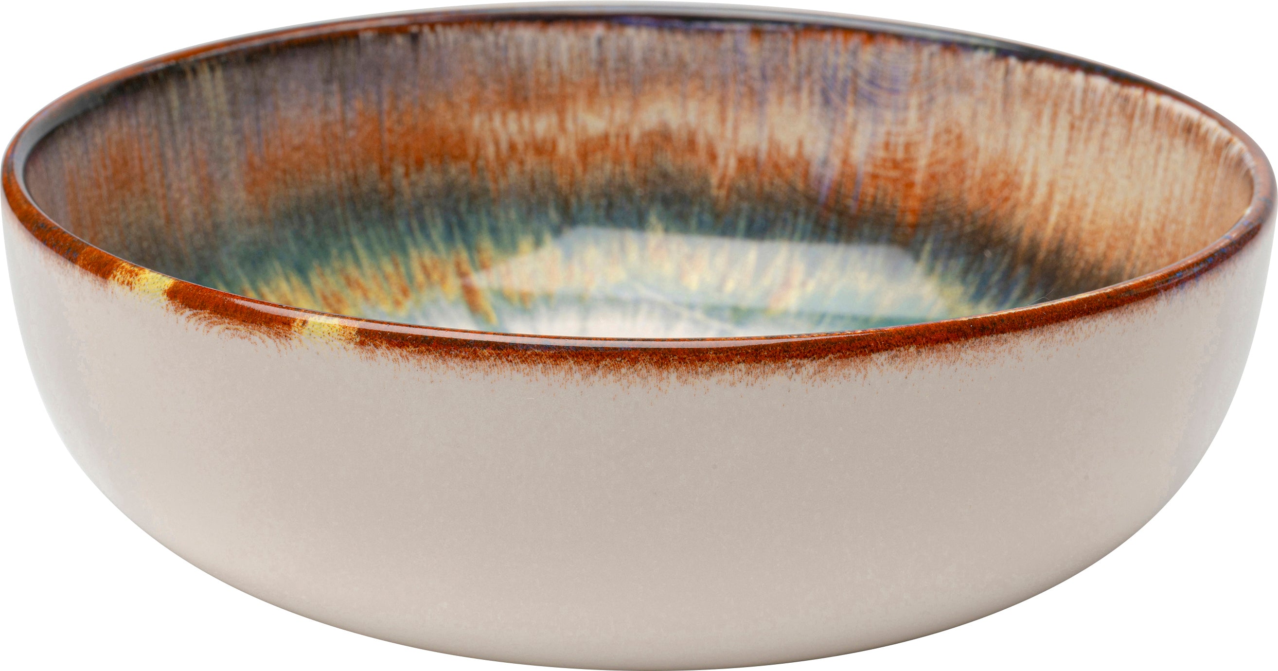 Die Schüssel Laguna Blau Ø18cm besticht durch eine glatte, beige Keramikaußenseite und eine glänzende, mehrfarbige Innenseite in Blau, Braun und Orange am Rand – ein einzigartiges Highlight von Steinzeug Geschirr.