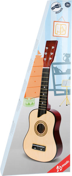 Die Spielzeug-Akustikgitarre von Gitarre Natur wird in einer Verpackung mit verspielt illustriertem Raumhintergrund geliefert.