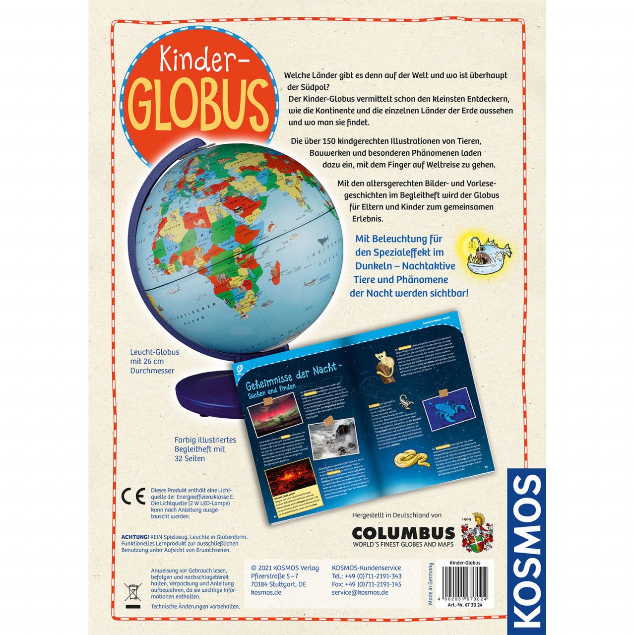 Box für den Kinderglobus mit Abbildungen eines Kinderglobus und lehrreichen Highlights; die meisten Texte sind auf Deutsch.