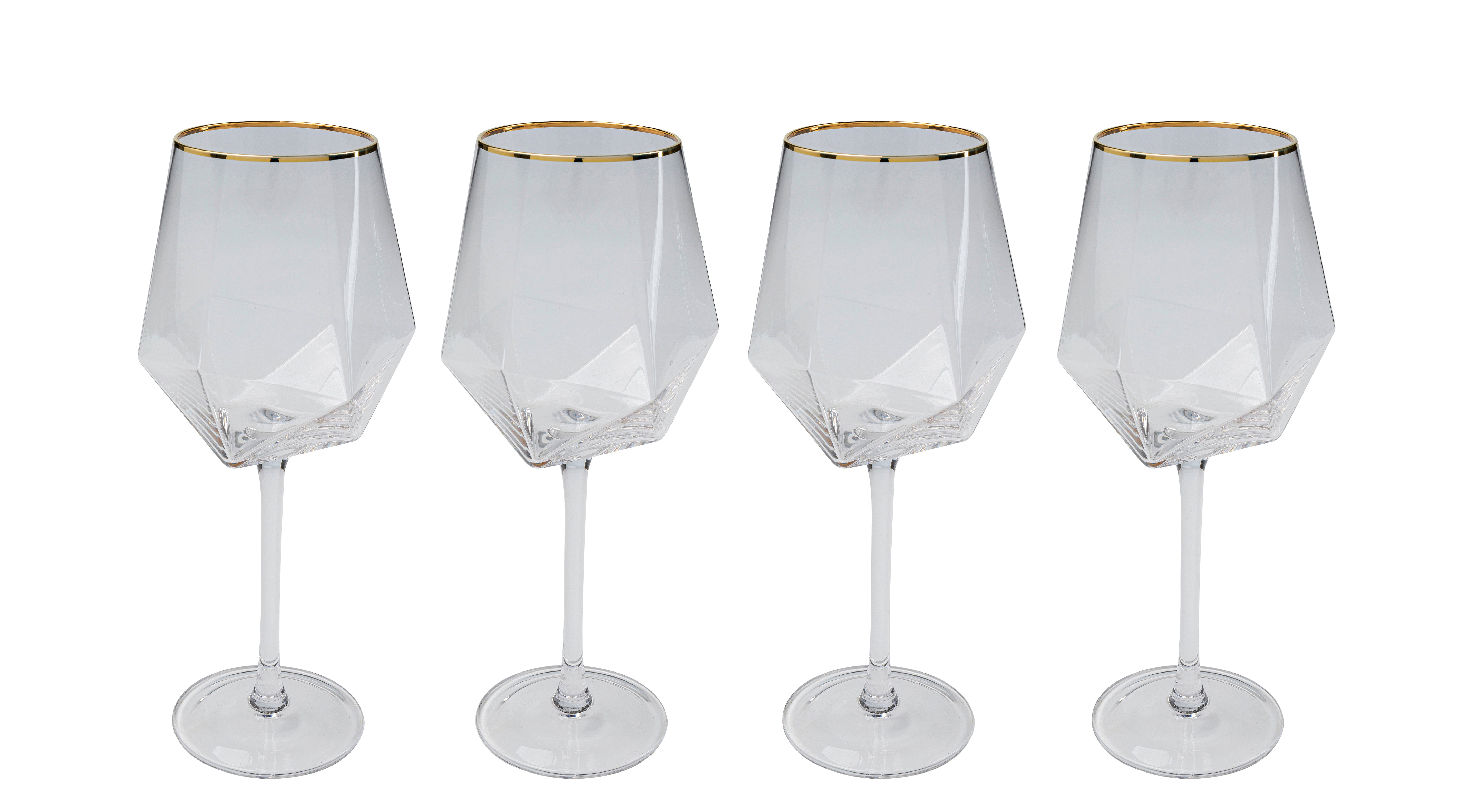 Vier klare Weinglas Diamond Gold Rim-Gläser (4/tlg.) mit geometrischen Formen, dünnen Stielen und goldenen Rändern sind in einer Reihe vor einem weißen Hintergrund angeordnet.