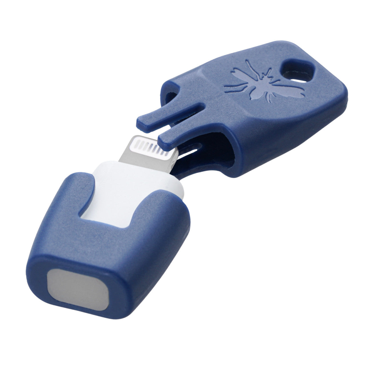 Nahaufnahme des Insektenstichheilers Heat it Classic Lightning, einem blau-weißen Schlüsselanhängergerät mit teilweise freiliegendem Anschluss.