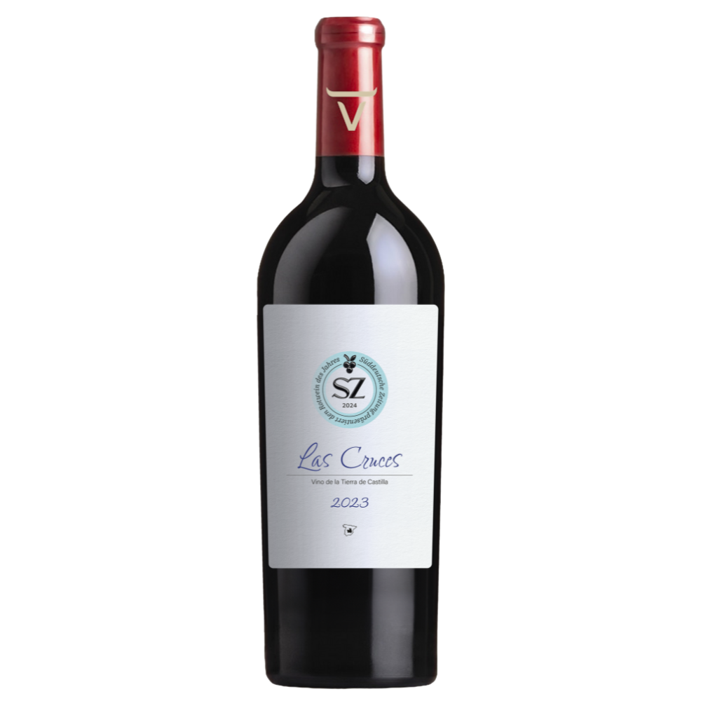 Eine Flasche Rotwein mit der Aufschrift SZ-Rotwein 2024 mit rotem Folienverschluss und weißem Etikett.
