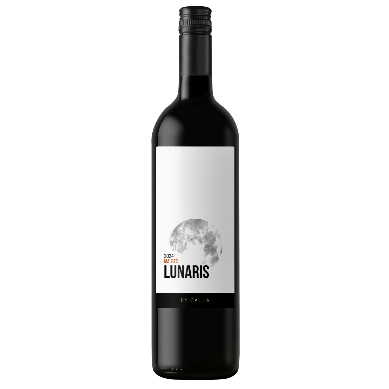 Eine Flasche Lunaris Malbec 2024 mit einem weißen Etikett mit einem Bild des Mondes.