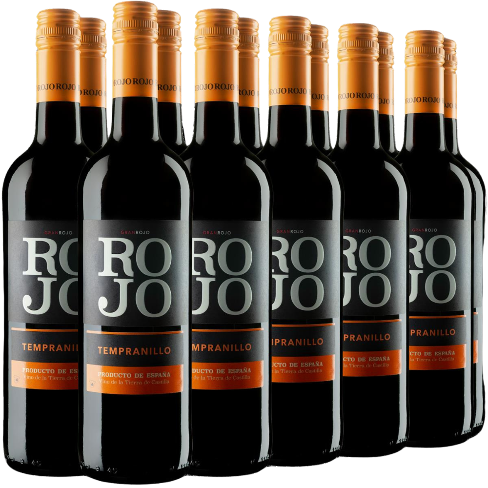 Sechs Flaschen Rojo Tempranillo 2023 mit orangefarbenen Verschlüssen in einer Reihe angeordnet.