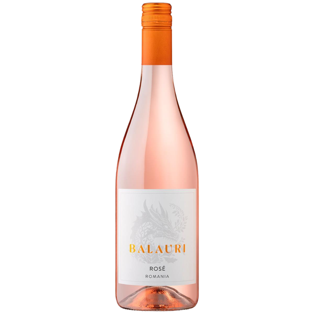Eine Flasche Balauri Rosé 2023 aus Rumänien mit einem Drachendesign auf dem Etikett.