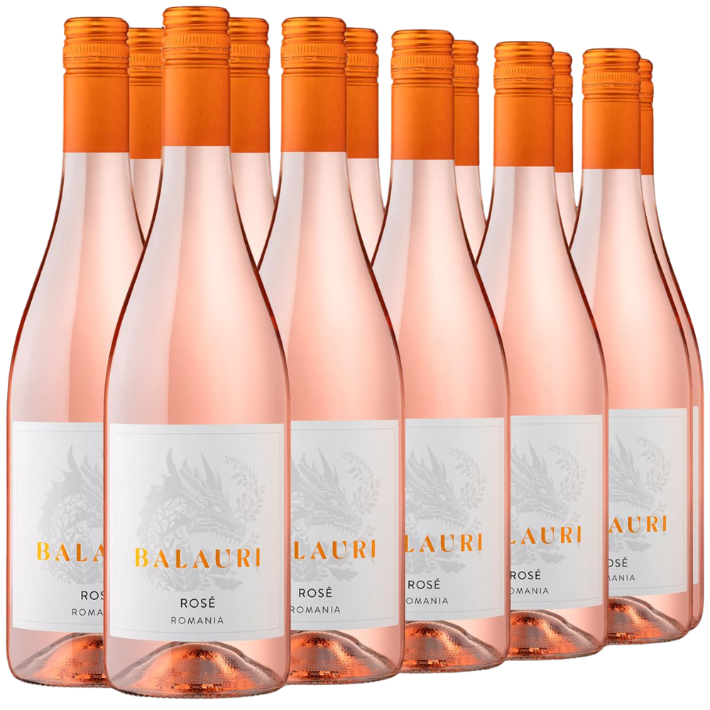 Acht Flaschen Balauri Roséwein 2023 aus Rumänien mit orangefarbenen Verschlüssen, in zwei Reihen angeordnet.