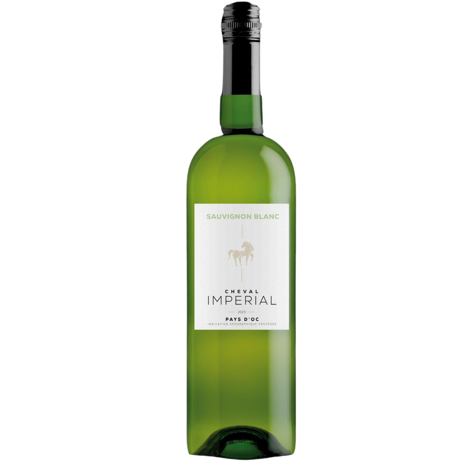 Eine grüne Weinflasche mit der Aufschrift „2023 Sauvignon Blanc IGP“ auf schwarzem Hintergrund.