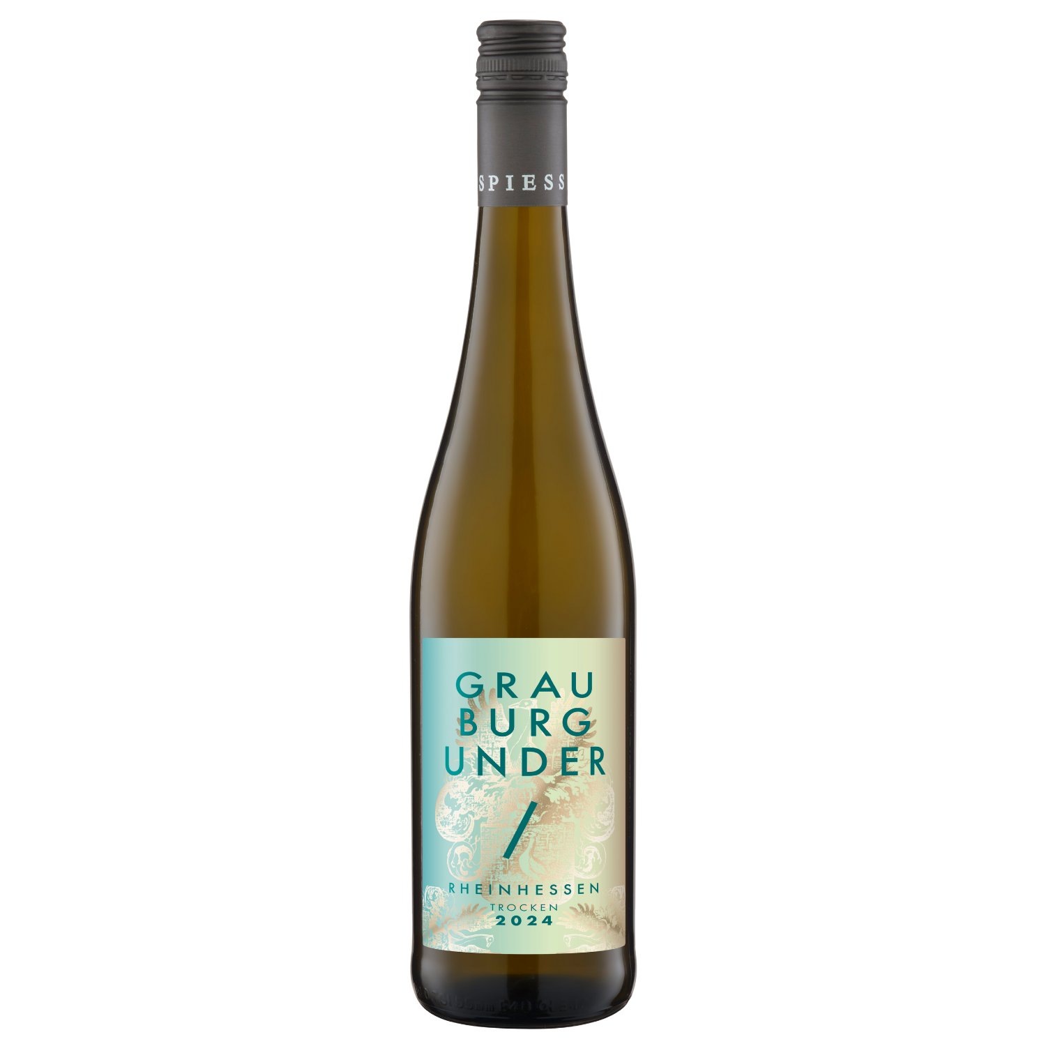 Eine Flasche Grauburgunder „Der Graue“ Weißwein Jahrgang 2024 mit hellblauem Etikett.