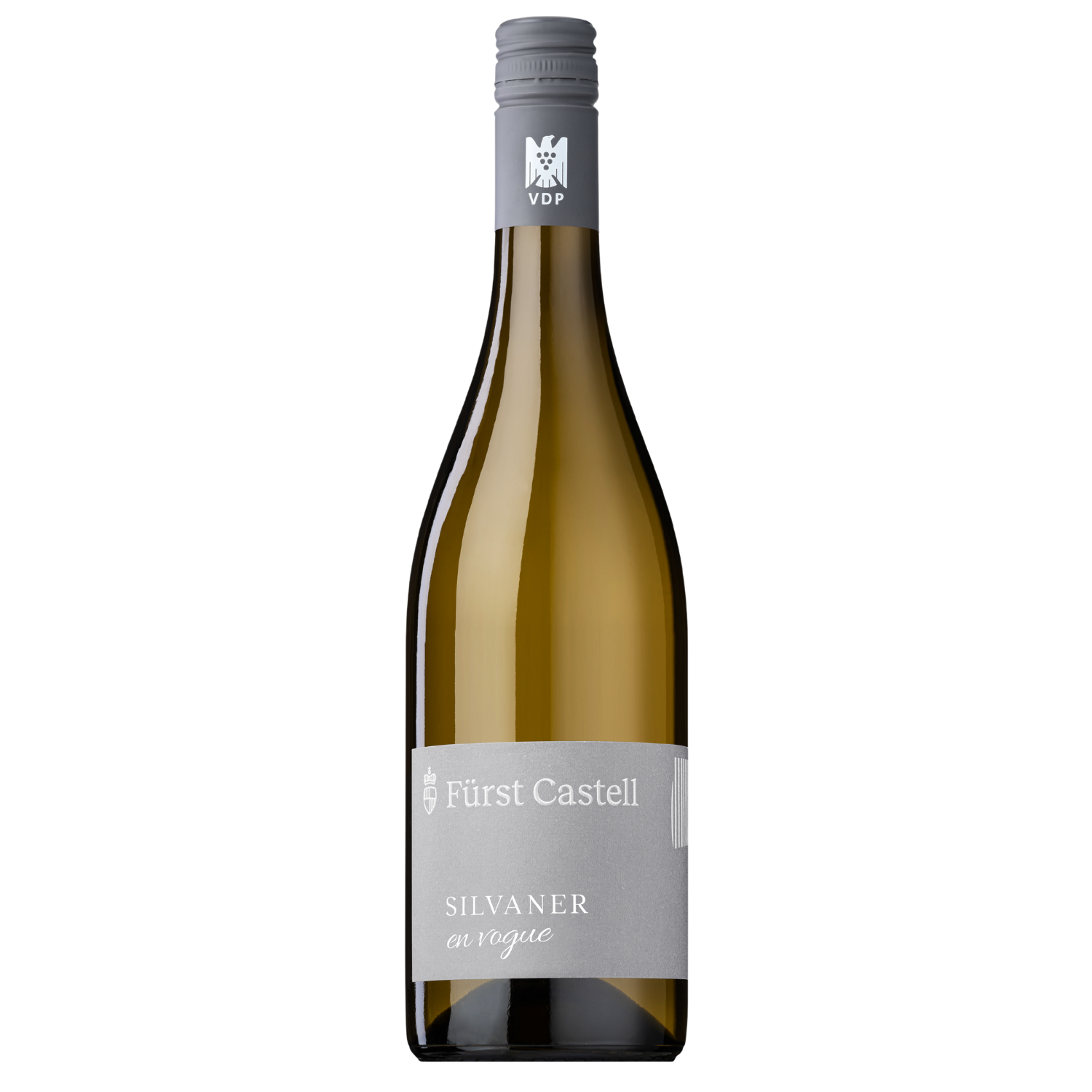 Eine Flasche Silvaner trocken, Jahrgang 2023, ein trockener Weißwein mit grauem Etikett und Schraubverschluss.