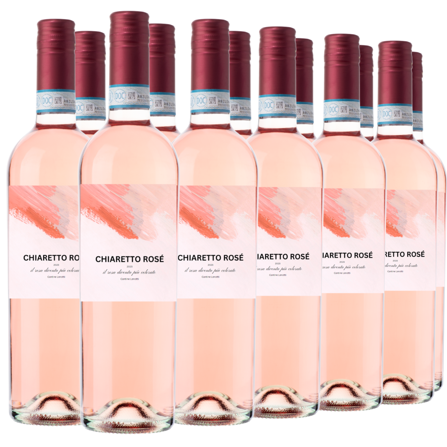 Acht Flaschen Roséwein Chiaretto di Bardolino Coloratoa 2024 mit rosafarbenen Verschlüssen sind in einer Reihe vor einem weißen Hintergrund angeordnet.