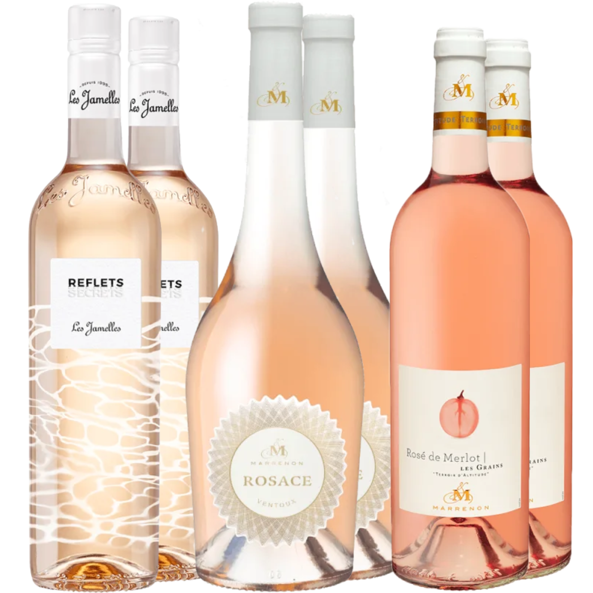 Sechs Flaschen Roséwein mit drei verschiedenen Etiketten, nebeneinander angeordnet, mit klarer, hellrosa Flüssigkeit, alle mit minimalistischem Design.