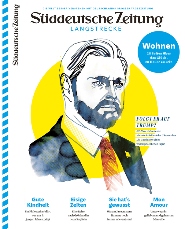 Titelbild der Süddeutschen Zeitung Langstrecke mit einem illustrierten Mann in Anzug und Krawatte, mit Artikelüberschriften und einem blauen Kreis mit dem Hinweis auf Wohnen auf der rechten Seite.