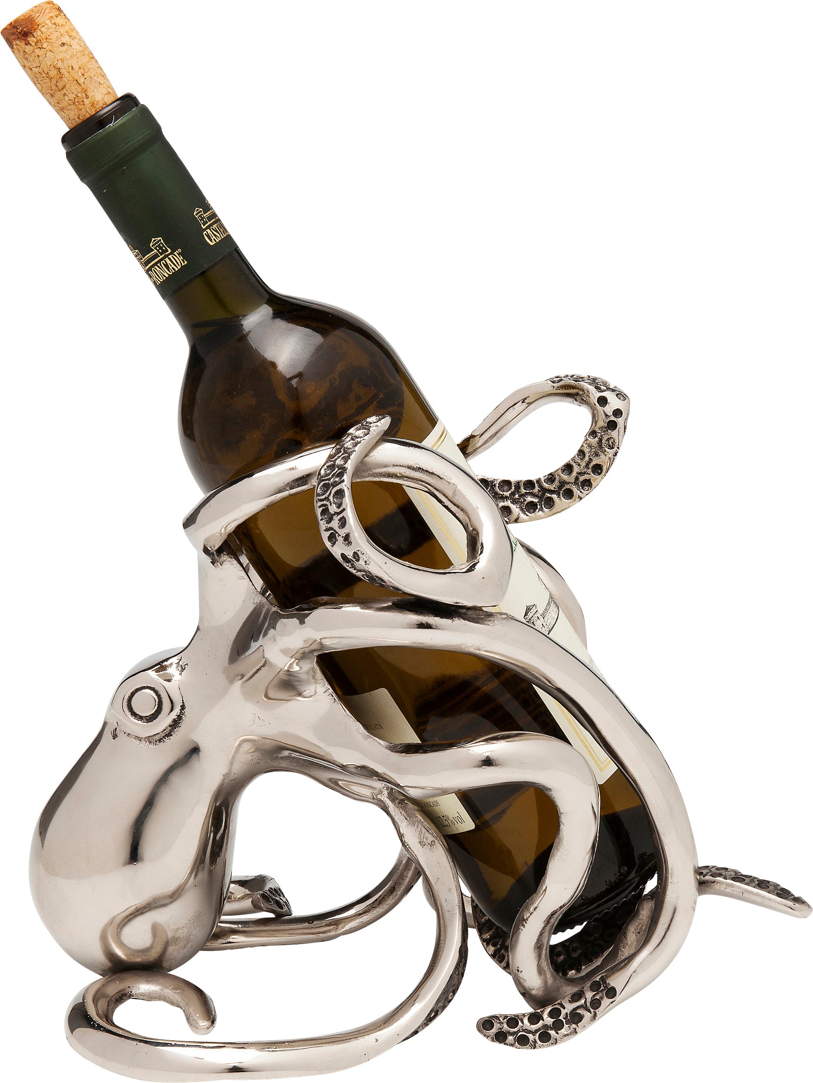 Der Flaschenhalter Octopus hält eine Weinflasche seitlich mit kunstvoll gewickelten Tentakeln – ein originelles Geschenk für Weinliebhaber.