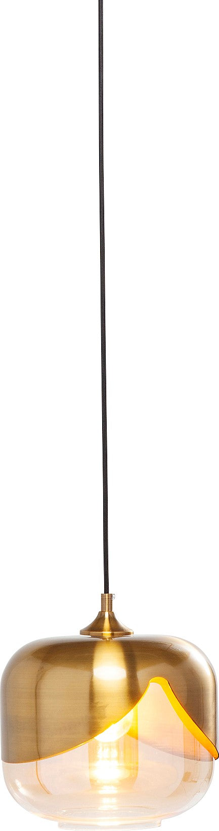 Die Hängeleuchte Golden Goblet besticht durch einen modernen, abgerundeten Schirm aus Goldmetallic (Messing-Glanz), einen klaren Glasboden und ein schwarzes Kabel. Eine Retro-Glühbirne im Inneren strahlt ein gemütliches, warmes Licht aus.