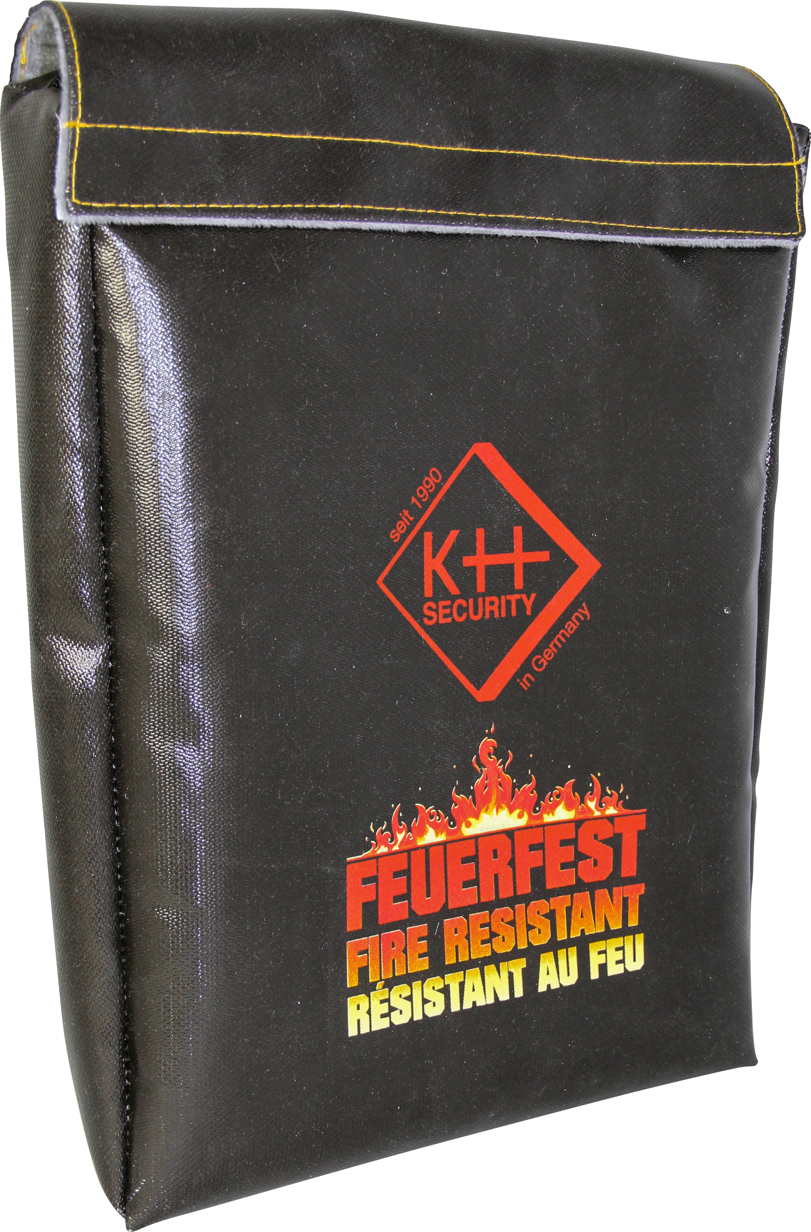 Schwarze feuerfeste Sicherheitstasche mit rot-gelbem Text in Englisch, Deutsch und Französisch auf der Vorderseite.