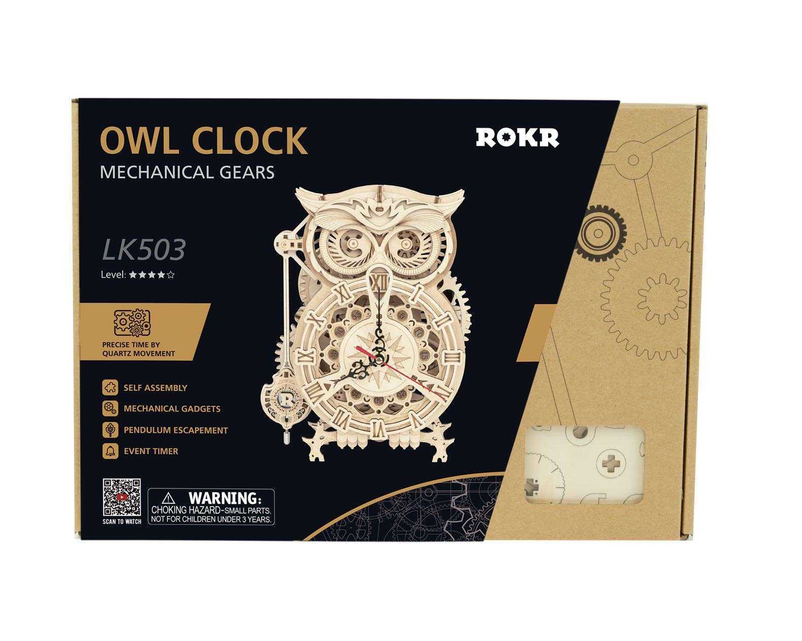 ROKR Owl Clock – Bausatzbox mit mechanischen Zahnrädern und Abbildung einer zusammengebauten Uhr in Eulenform auf der Vorderseite.