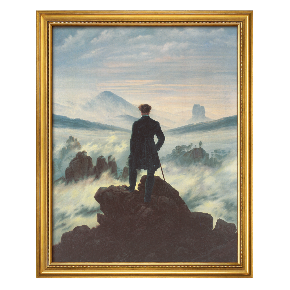 Ein Mann steht auf einem felsigen Gipfel über dem Nebel, dargestellt in Caspar David Friedrichs „Der Wanderer über dem Nebelmeer“ (1818), wunderschön gerahmt.