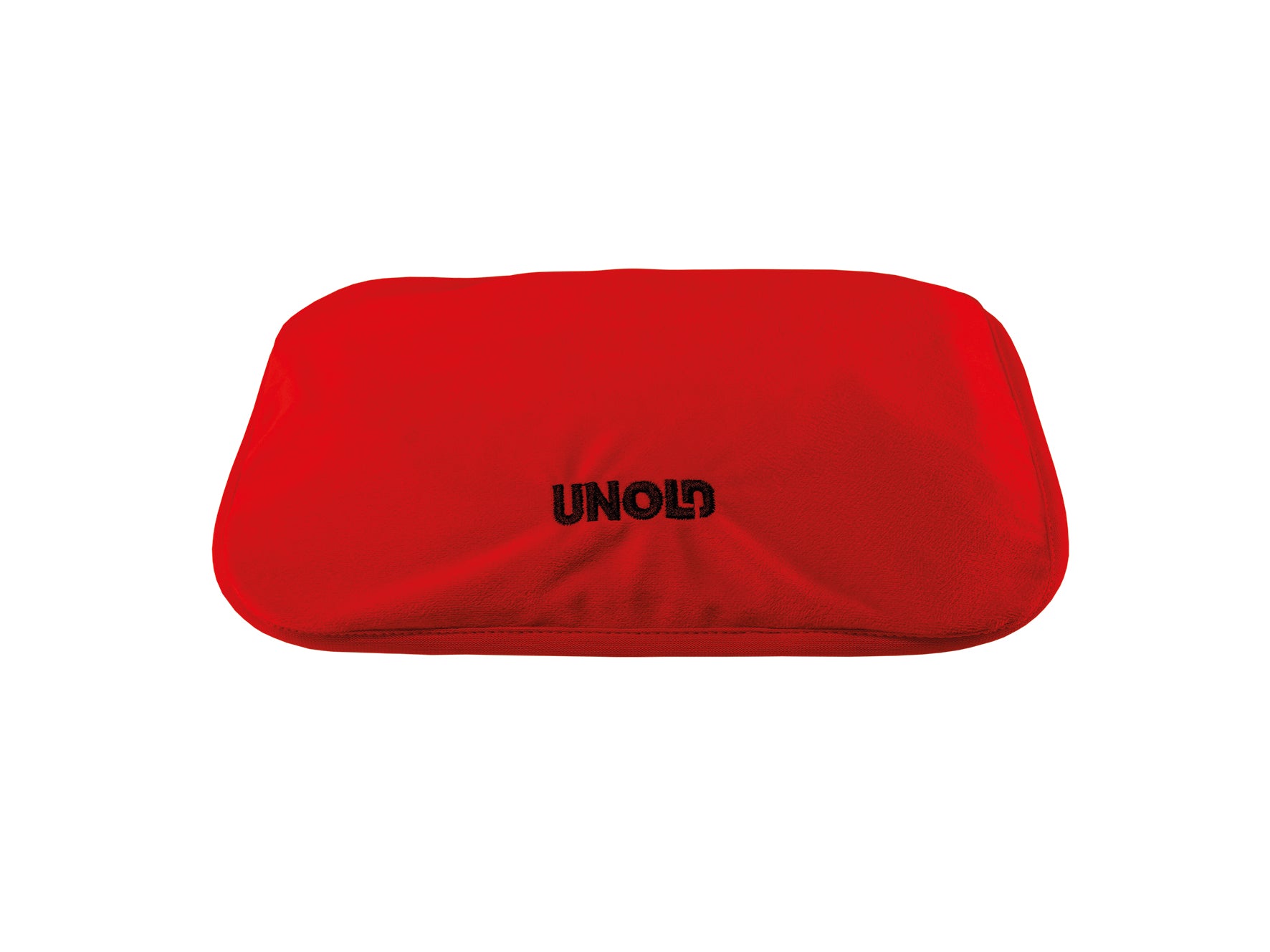 Rotes rechteckiges Heizkissen mit UNOLD-Logo in schwarzer Schrift oben in der Mitte.