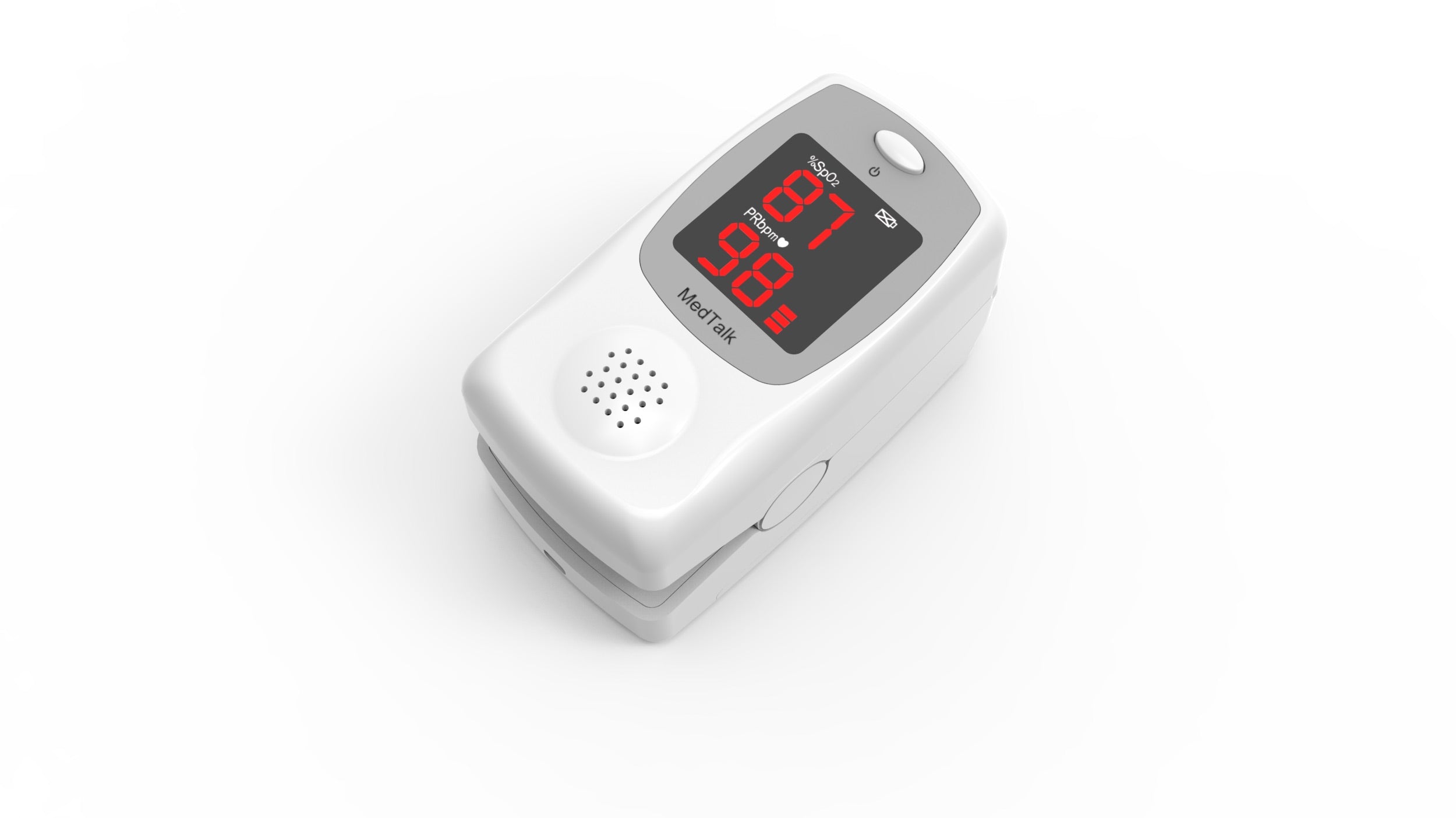 Ein digitales Pulsoximeter, das SpO2- und Pulsfrequenzwerte auf seinem Bildschirm anzeigt.