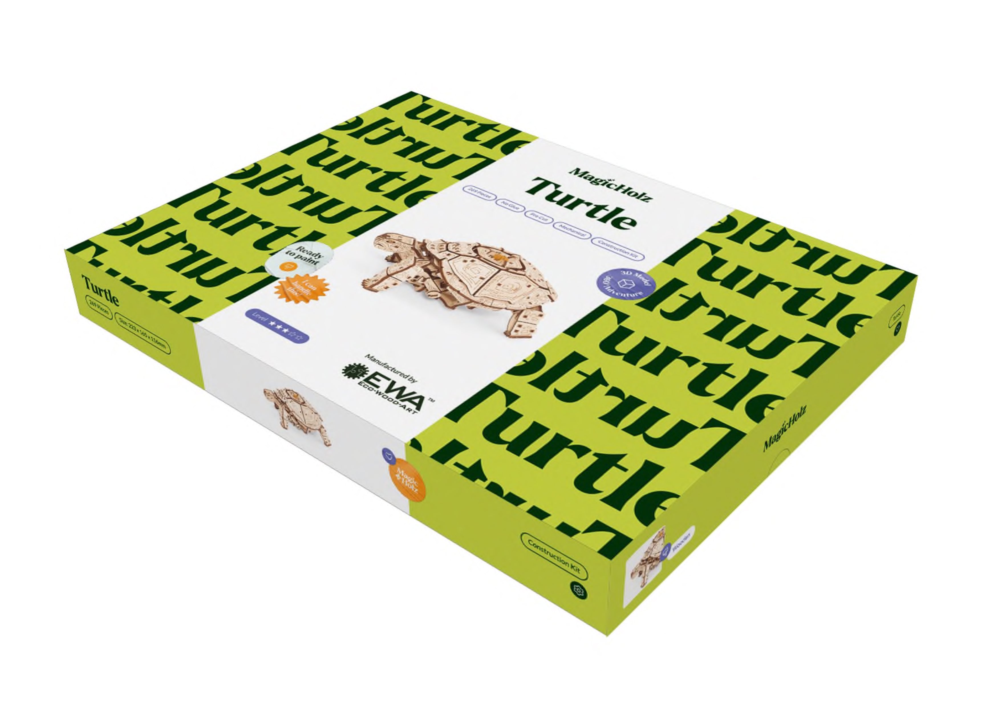 Schachtel für den Holzmodellbausatz MagicHolz Turtle mit Schildkrötenillustration und grün-weißem Design.