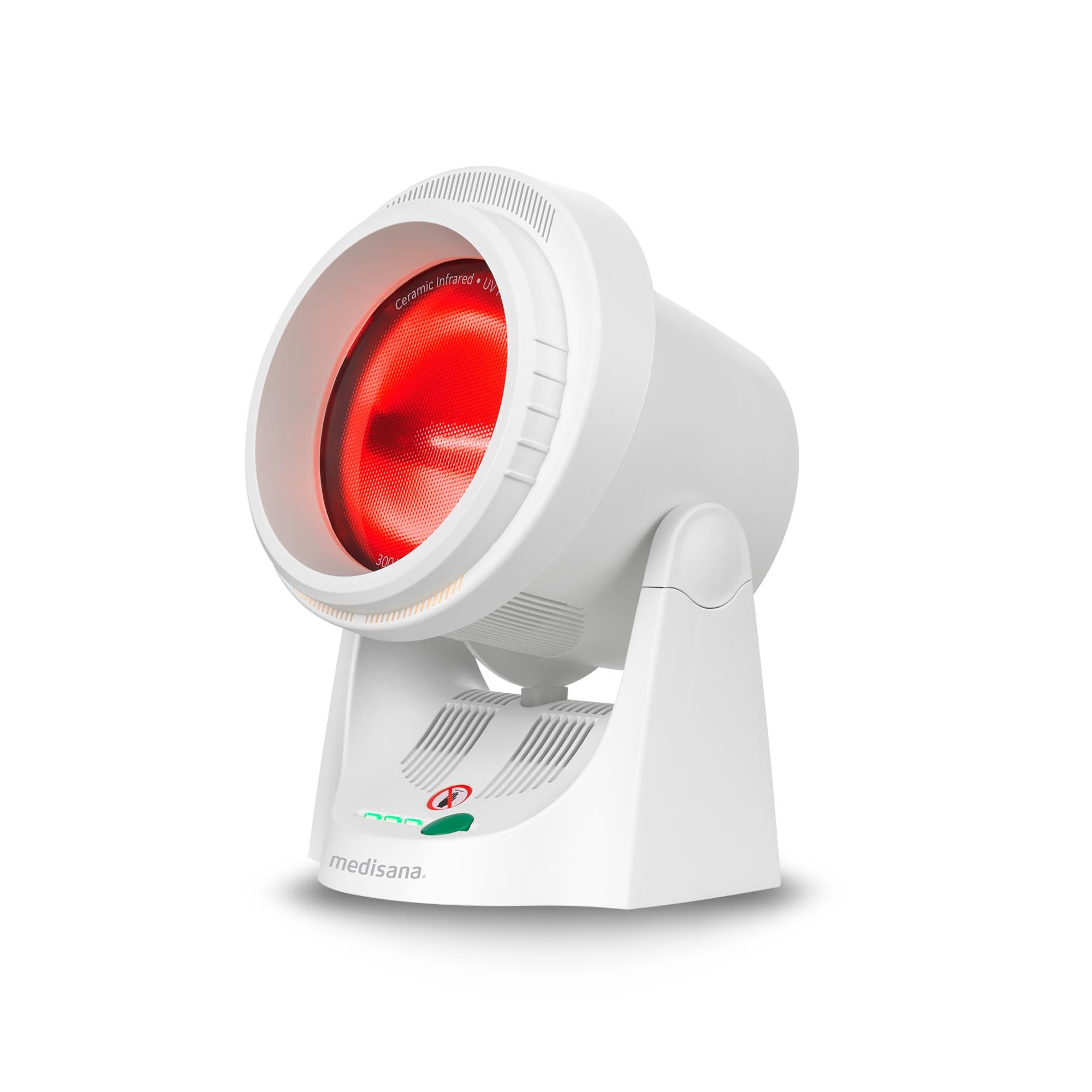 Eine weiße Infrarotlampe mit rot leuchtendem Licht, die auf einem kleinen abgewinkelten Sockel steht.