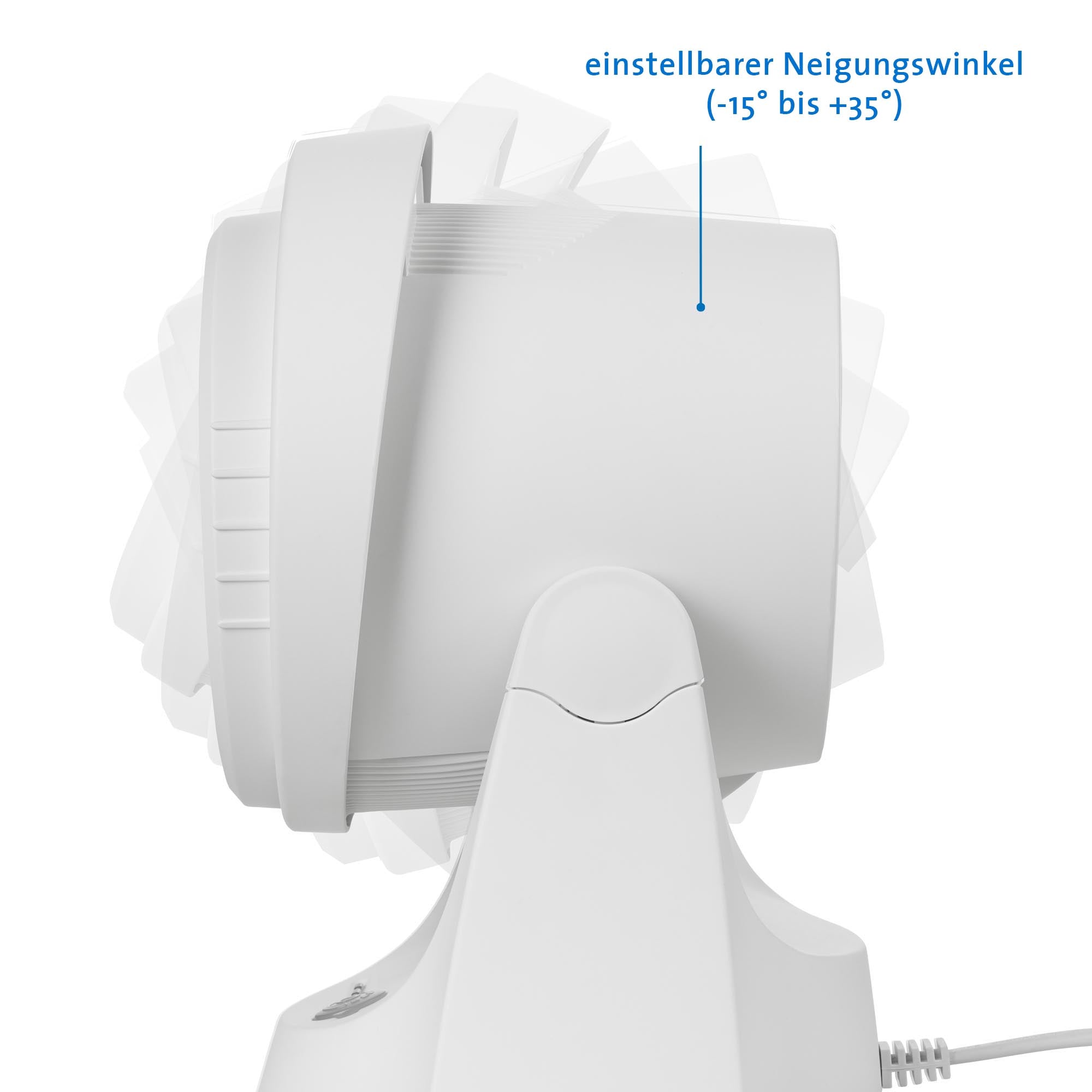 Ein weißer, neigbarer Ventilatorkopf mit beschriftetem Winkelbereich, -15° bis +35° einstellbarer Neigungswinkel.