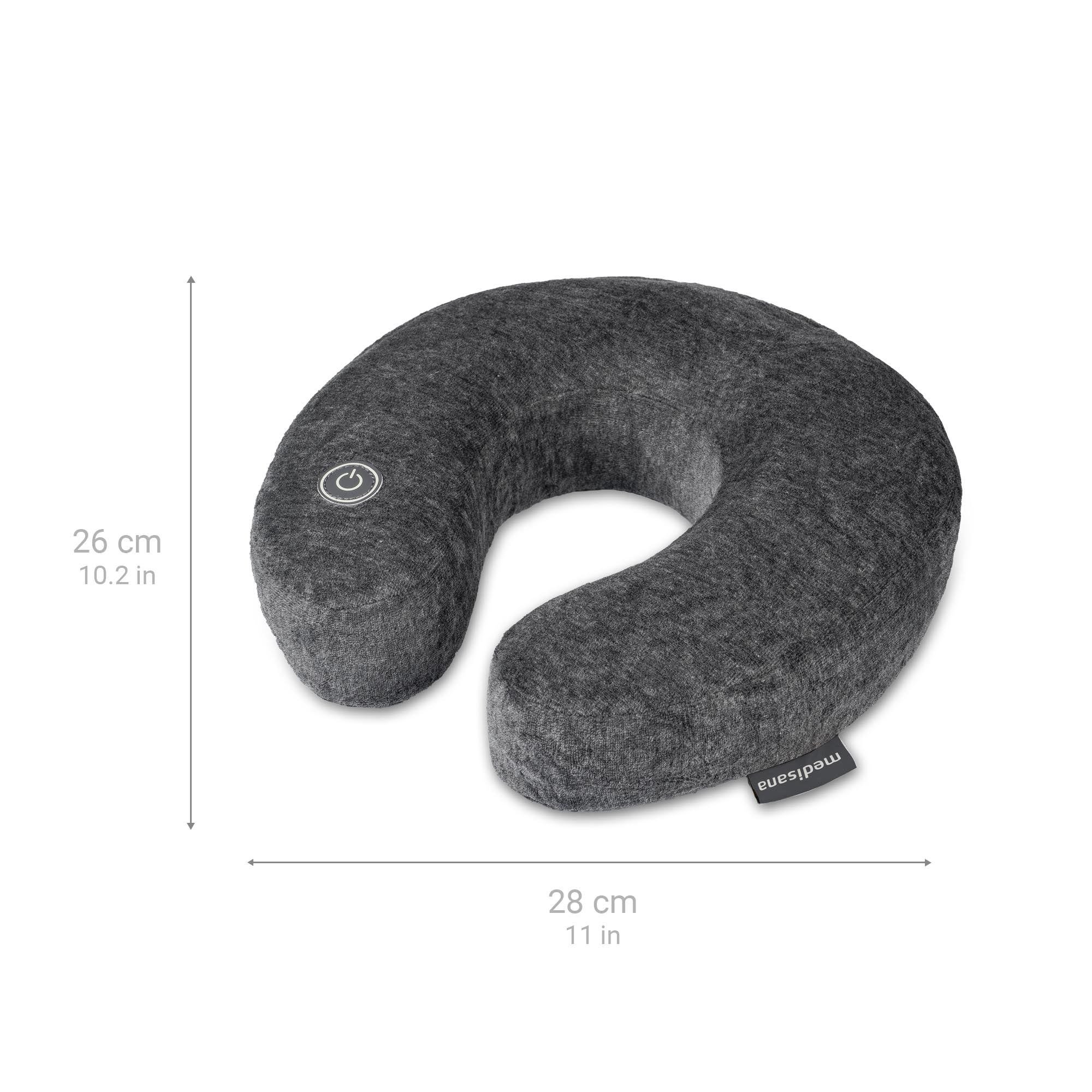Graues U-förmiges Nackenkissen mit den Maßen: 26 cm Höhe, 28 cm Breite; Power-Button-Symbol auf einer Seite sichtbar.