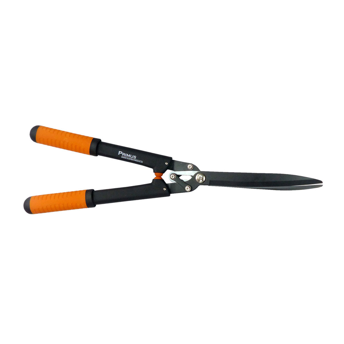 Gartenheckenschere mit orange-schwarzen Griffen und langen, scharfen Klingen zum Schneiden.