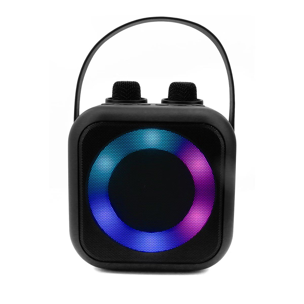 Schwarzer tragbarer Lautsprecher mit Griff, blau und lila leuchtender LED-Ring auf der Vorderseite, weißer Hintergrund.