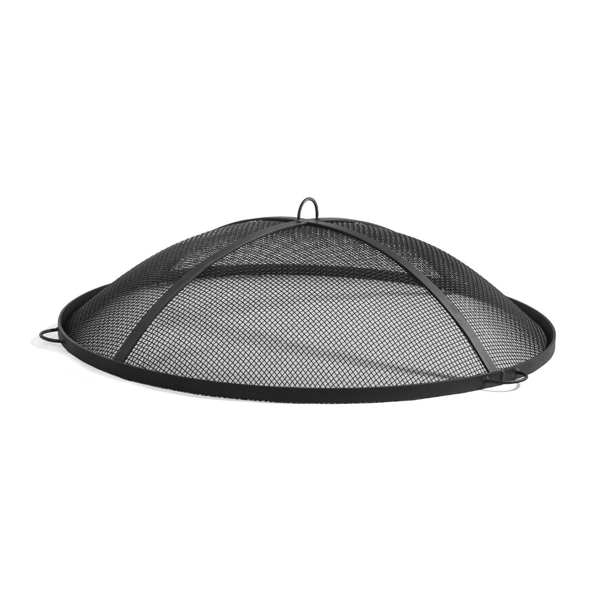 Schwarzer Funkenschutz aus Metallgeflecht mit Griffen, dargestellt auf weißem Hintergrund.