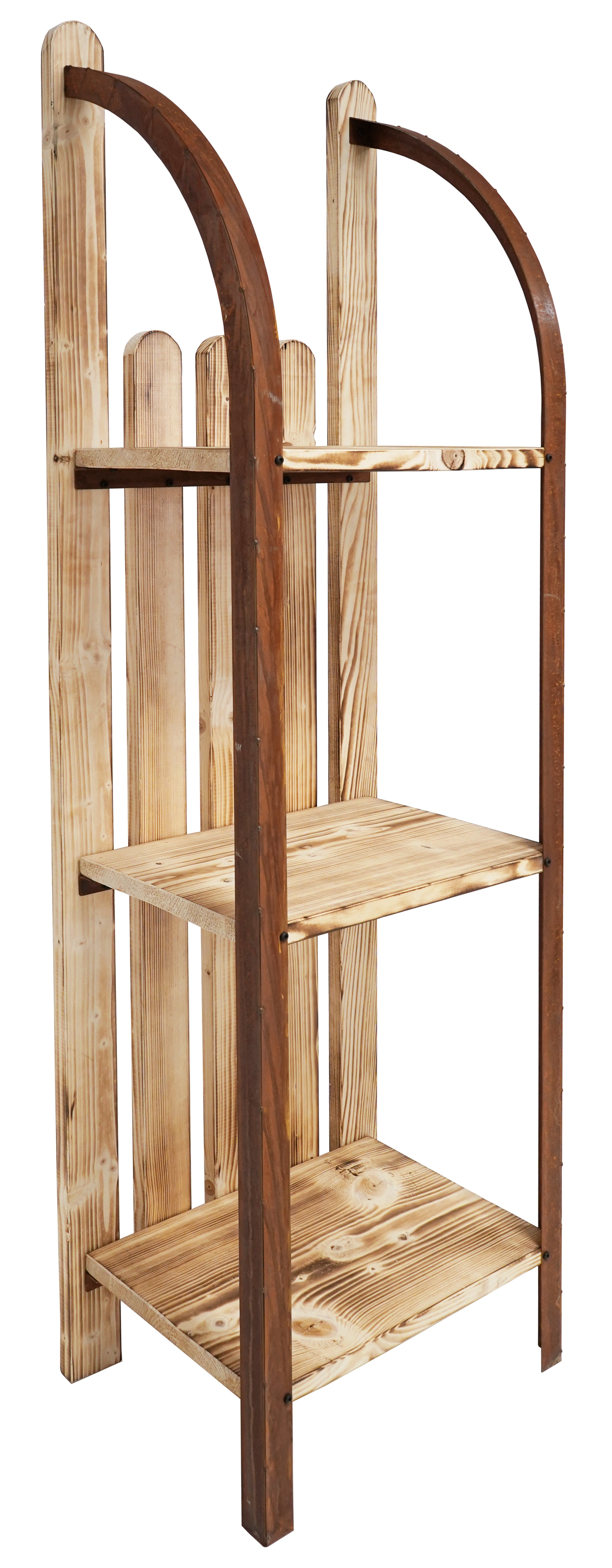 Holzregal mit drei Regalen und gewölbten Seitenstützen, isoliert auf weißem Hintergrund.