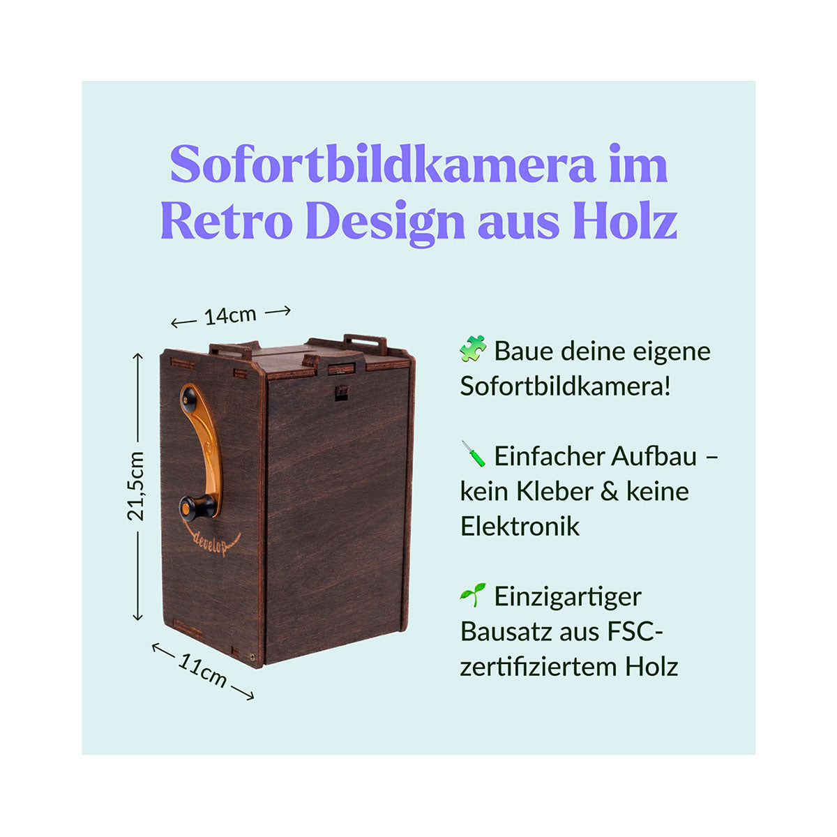 Ein hölzerner Retro-Sofortbildkamera-Bausatz mit Griff, Abmessungen und Funktionen, die in deutscher Sprache aufgeführt sind.