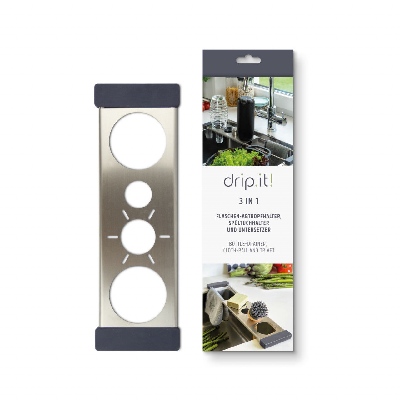 Abtropfhilfe Drip.it: Flaschenhalter aus Metall mit drei runden Löchern und einer Verpackung mit Abbildungen der Anwendungsmöglichkeiten einer Küchenspüle; beschriftet als 3 in 1.
