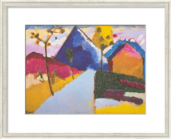 Buntes abstraktes Gemälde mit Häusern, Bäumen, einer blauen Straße und einer lebendigen Landschaft in kräftigen, lebhaften Pinselstrichen.