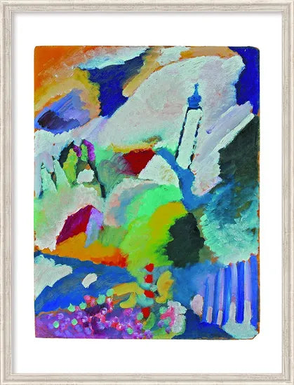 Farbenfrohes abstraktes Gemälde mit lebendigen Formen, einer hohen Turmspitze und dynamischen Pinselstrichen in Blau, Grün und Orange.