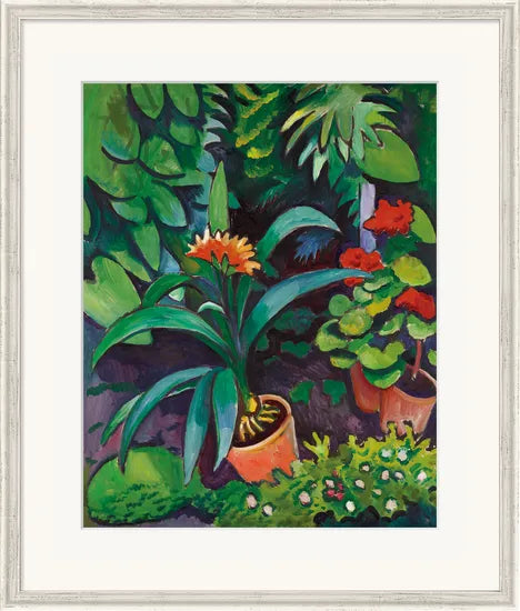Gemälde von Topfblumen und Grünpflanzen in einem Garten, umgeben von üppigem Grün und leuchtenden Farben.