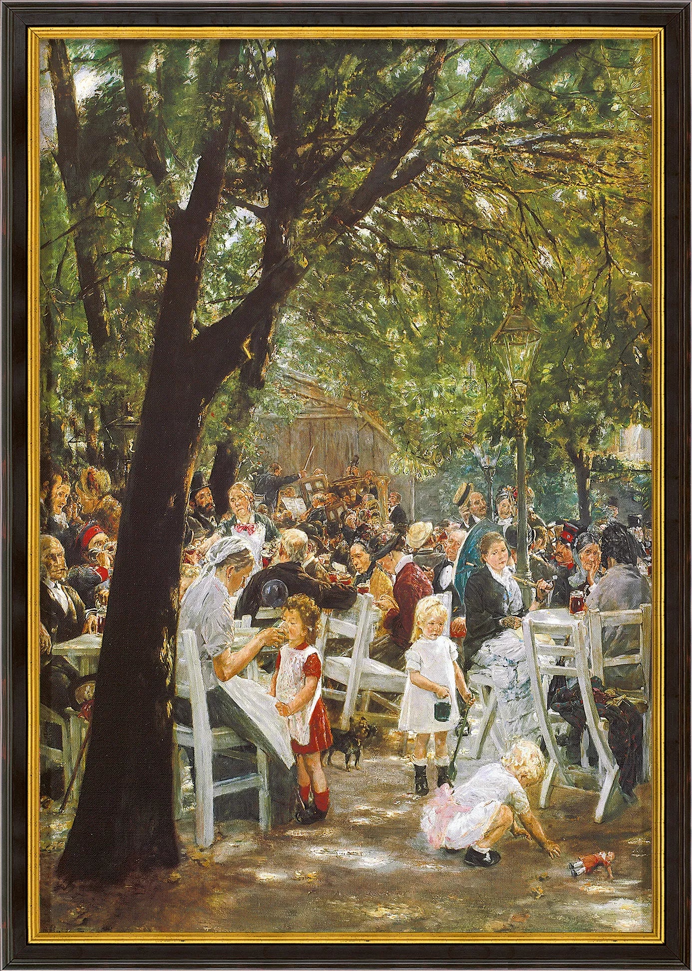 In Max Liebermanns „Münchner Biergarten“ (1884) treffen sich Menschen im Freien unter Bäumen – vorne spielen Kinder, während im Hintergrund Erwachsene sitzen und sich unterhalten.