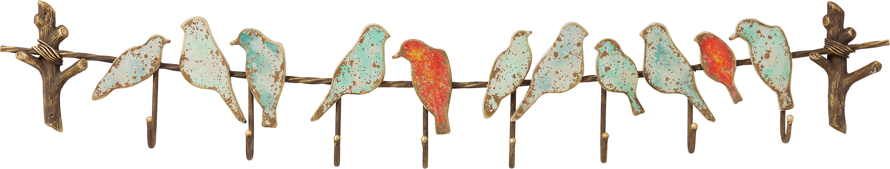 Die Wandgarderobe Bird Party schmückt jede Flurgarderobe mit sechs blauen und drei roten Vögeln auf einem Ast, wobei jeder Vogel als Kleiderhaken dient – perfekt zum stilvollen Aufhängen wichtiger Dinge.