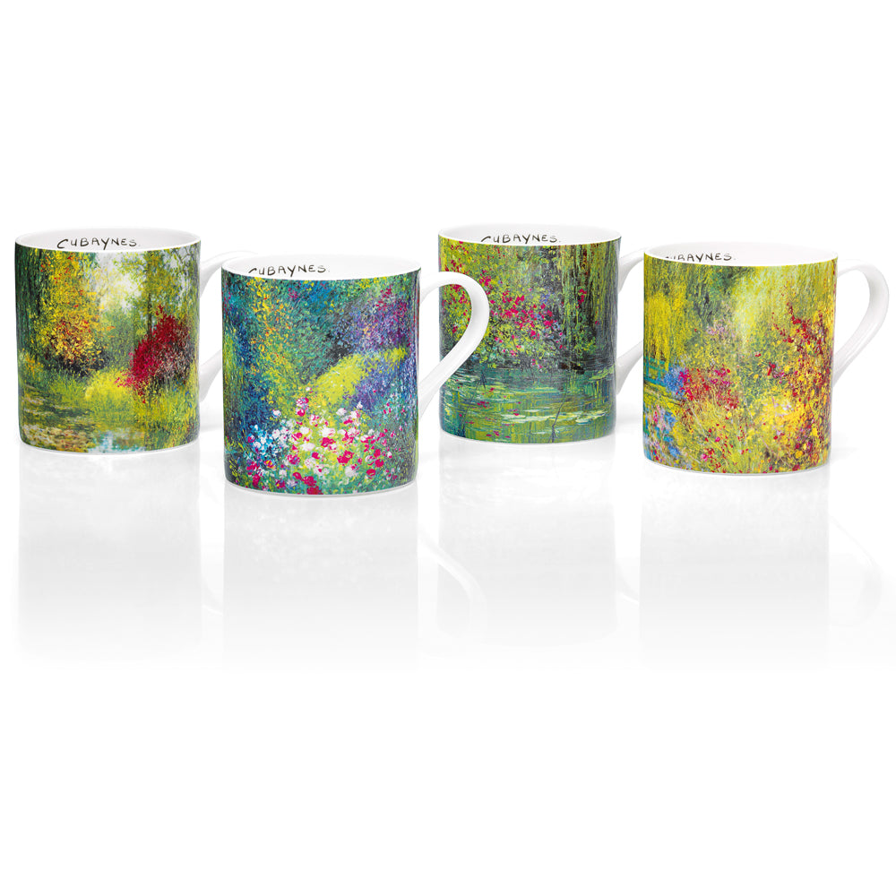 Set aus vier Porzellantassen „Giverny“ von Jean-Claude Cubaynes mit Garten- und Naturmotiven im impressionistischen Stil.