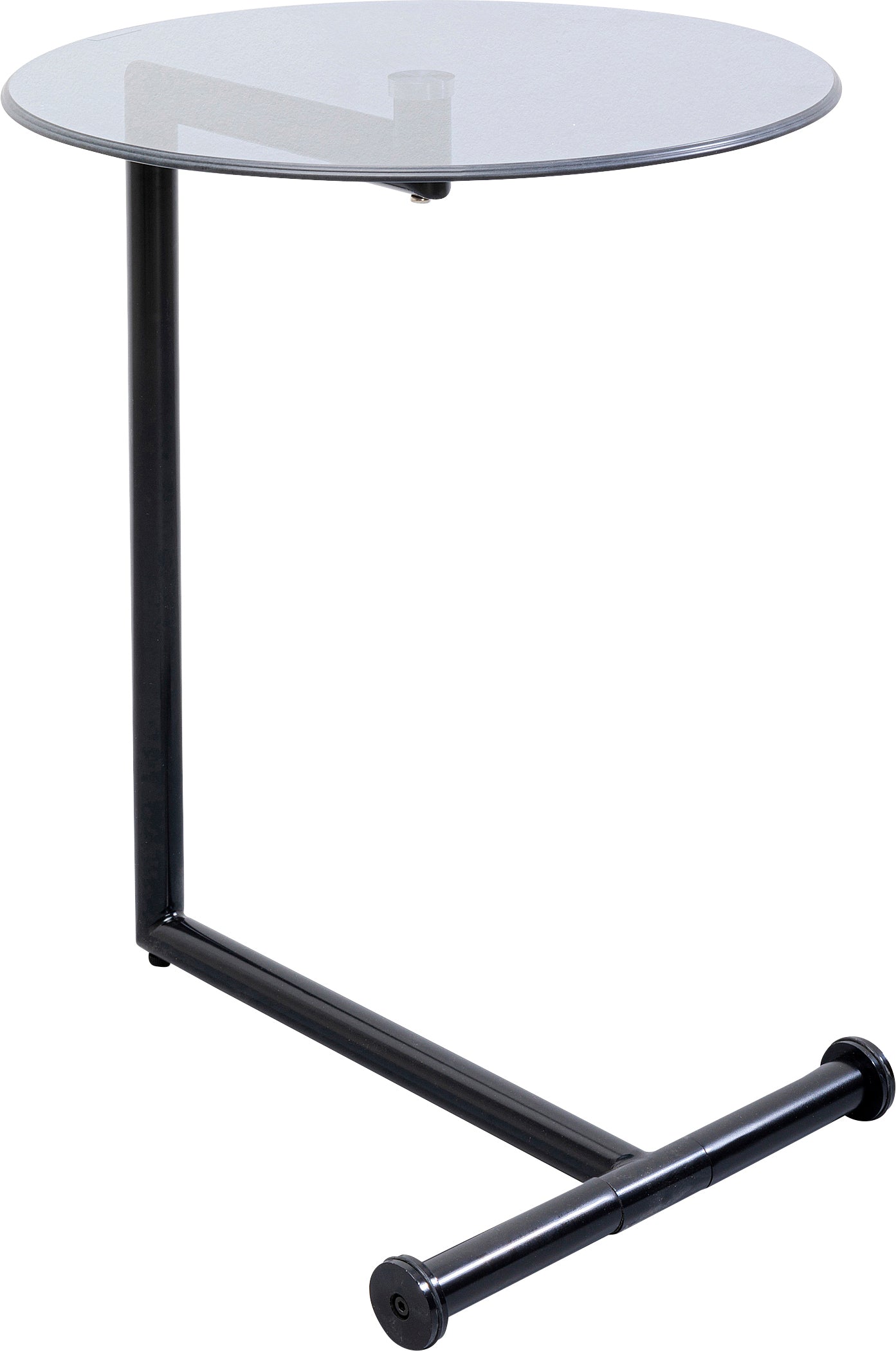 Der Beistelltisch Easy Living Schwarz Ø46cm besticht durch zeitloses Design, runde Glasplatte und schwarzes Metallgestell – praktisch in C-Form, um ihn flexibel unter Sofa oder Bett zu schieben.
